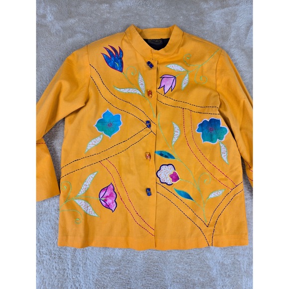 Julia Ku Jackets & Blazers - Julia Ku Womens Mustard Yellow Floral Embroidered Art to Wear Jacket Mandarin L
